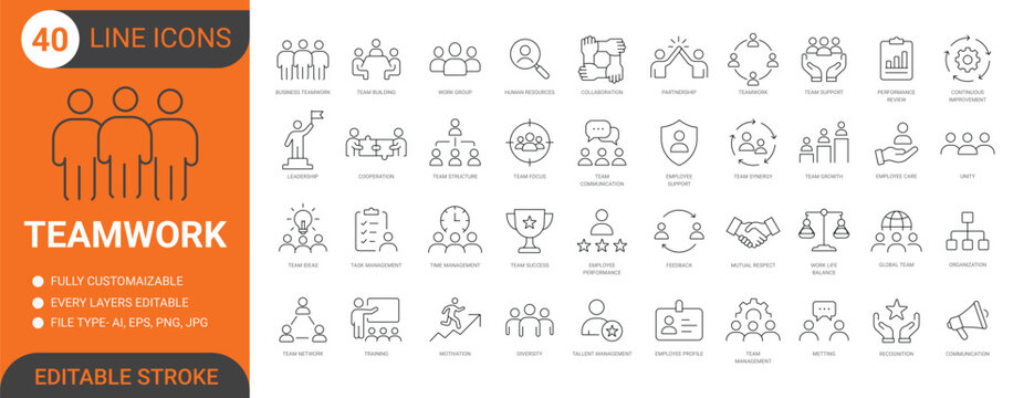 Teamwork and collaboration line icon set with team building, cooperation, partnership, leadership, communication, employee support, performance, diversity, motivation and feedback. Editable stroke.