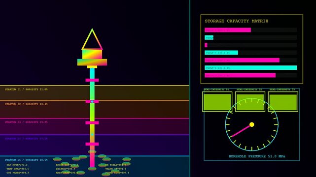 This neon digital interface displays real time carbon sequestration data with colorful stratigraphic layers and storage capacity charts on a dark background for industrial monitoring