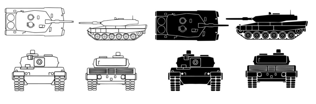 military tank vehicle outline and solid icon collection