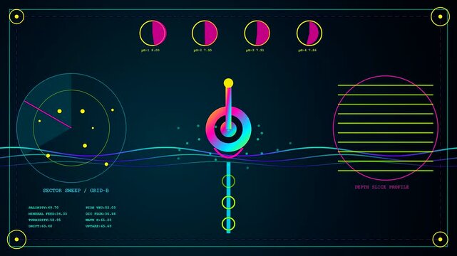 Carbon sequestration metrics appear on this digital screen interface displaying circular navigation radars and glowing line wave patterns for advanced oceanic climate monitoring data sets