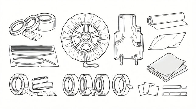 Car Detailing Masking Tape Protective Film Line Art Doodle Graphic Pack Low Tack Paper Roll Plastic Wheel Cover Fender Mat Trim Strip Hand Drawn Line Strictly Textless White Background Stock