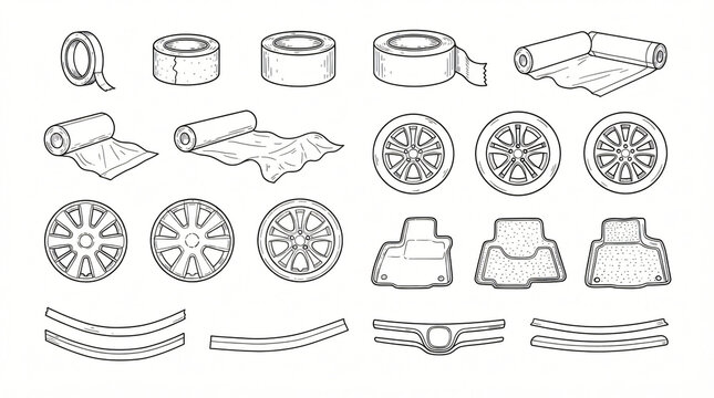 Car Detailing Masking Tape Protective Film Line Art Doodle Graphic Pack Low Tack Paper Roll Plastic Wheel Cover Fender Mat Trim Strip Hand Drawn Line Strictly Textless White Background Stock