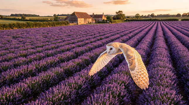 Beautiful barn owl flying gracefully over vibrant purple lavender field