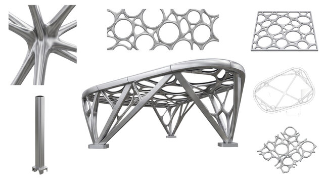 Futuristic parametric architectural structure, organic bionic pavilion design, 3D generative voronoi lattice model for urban planning