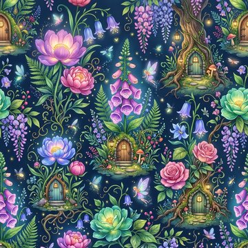 Enchanted forest fairy garden flowers magical woodland wallpaper decor.