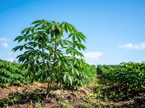 Vibrant cassava plants thrive in a sun-drenched field under a clear blue sky, displaying lush green leaves and strong stalks in a natural setting, nature, botany, harvest
