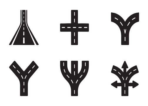 Set of black highway junction and fork vector icons on grey transparent background for map navigation design.