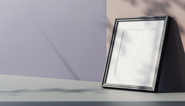 A sleek black empty picture frame leaning against a twotoned wall with soft leaf shadows casting a minimalist aesthetic on a smooth surface