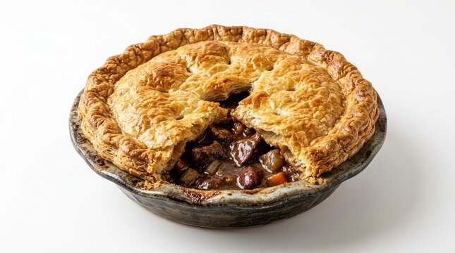 A rustic, deep-dish steak and kidney pie with golden flaky pastry and rich dark gravy filling, isolated on a white studio background, kidney, baked food, comfort
