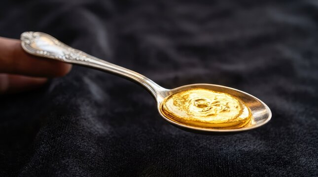 A silver teaspoon holds a generous scoop of shimmering, molten liquid gold, reflecting the warm ambient light against a soft, dark velvet background, jewelry, opulent, metal