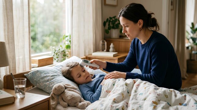 Caring mother gently pressing digital thermometer to forehead of sick little child lying in cozy bed at home, tender nurturing moment, soft natural daylight, childhood illness care concept