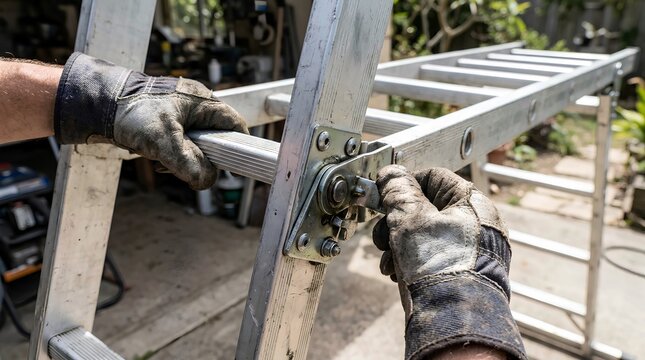 Close-up photograph of hands wearing protective work gloves adjusting the metal hinge of an aluminum folding ladder during outdoor DIY maintenance, repair, assembly, and home improvement work session