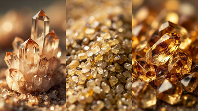 Citrine crystal clusters, golden sand particles, and scattered yellow gemstone fragments
