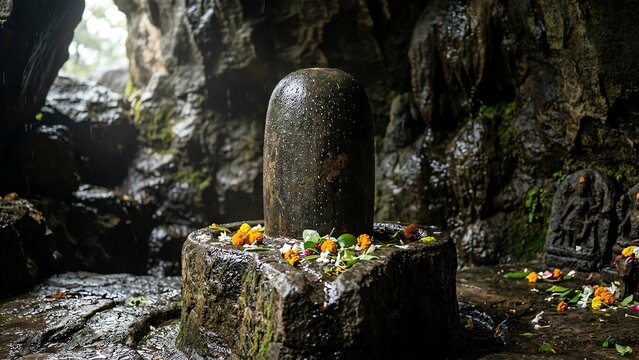 Ancient Stone Shiva Lingam in Natural Cave Shrine