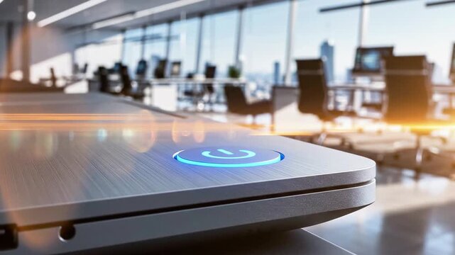 Close up of glowing blue power button on laptop.