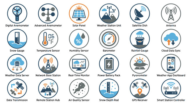 Weather Icons Set Representing Meteorological Equipment and Digital Smart Data Monitoring