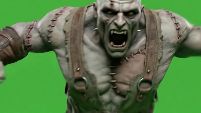 Halloween monster charging and screaming on green screen background