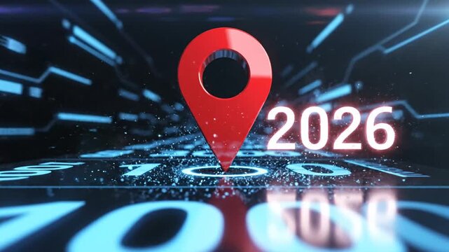 A red location pin sits on a digital road with numbers