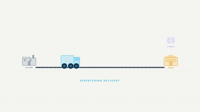Blue truck icon for dispatching deliveries from gray warehouse to yellow shop. Perfect for logistics, delivery service, transport business designs.