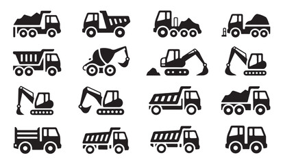 Obraz premium Excavator machinery and heavy dump truck icons illustrating mining excavation and building site operations.