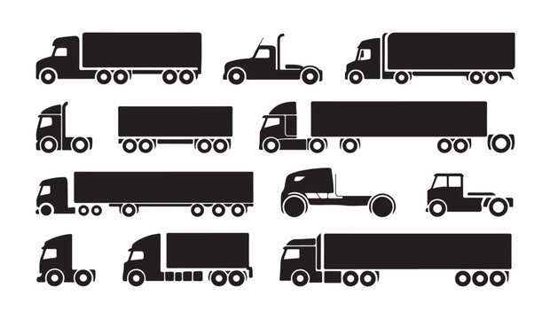 Semi truck and trailer flat icons showcasing shipping freighters and logistics cargo transport silhouettes.