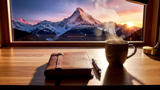Coffee mug and notebook on desk overlooking snowy mountain peak
