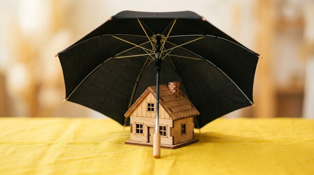 Concept of Home Insurance and Property Protection Featuring a Small Wooden House Model Sheltered Under a Large Black Umbrella on a Vibrant Yellow Background with Soft Studio Lighting Effects.