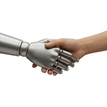 Uścisk dłoni między człowiekiem a zaawansowanym robotem na czystym białym tle, symbolizujący wsp&oacute;łpracę ludzi z technologią sztucznej inteligencji, innowacje cyfrowe oraz przyszłość automatyzacji