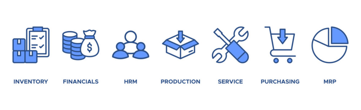 ERP banner web icon vector illustration concept for enterprise resource planning with icon of inventory, financials, hrm, production, service, purchasing, and mrp
