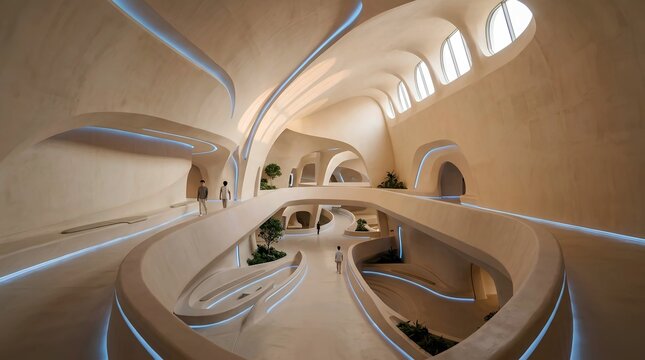 Futuristic organic curved interior with warm beige walls, smooth sculpted plaster surfaces, cool blue LED accent lighting, multi-level walkways and arched ceiling in modern architectural design