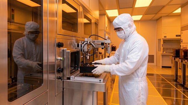 Worker in white bunny suit loading silicon wafer cassette into lithography exposure tool inside amber-lit semiconductor cleanroom manufacturing facility