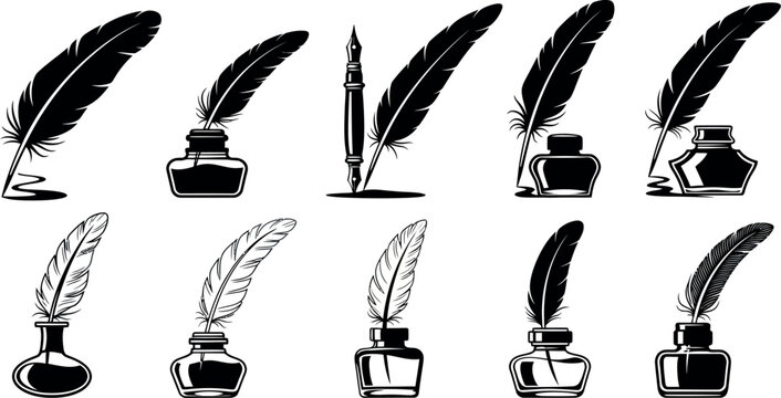 Vintage quill pen and inkwell set, antique writing tools collection, black and white ink bottle icons, 10 vector elements for calligraphy