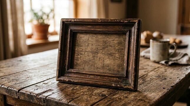 Empty vintage dark brown wooden picture frame with antique finish and aged grain texture resting on rustic wooden table with soft window light, cozy still life background