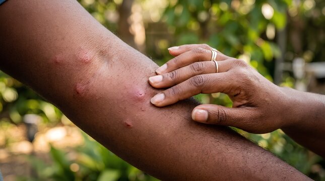 Close-up of hand soothing painful red insect bite welts on deep brown skin, natural sunlight reveals realistic texture, gentle care for allergic skin reaction outdoors