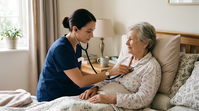 Caring female nurse in blue scrubs using a stethoscope to check the heartbeat of an elderly woman patient lying in bed during a home medical visit in a bright, comfortable bedroom setting.