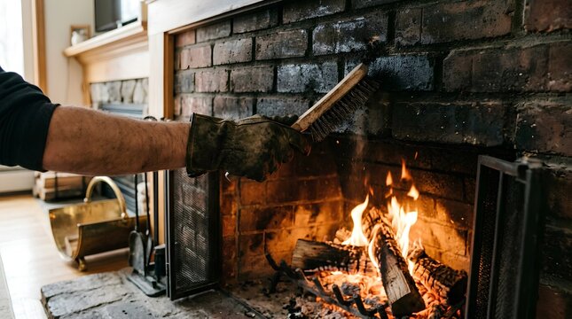 A gloved hand using a stiff wire brush to scrub black soot from the interior brick wall of a fireplace while flames burn on logs below, illustrating home maintenance and chimney safety cleaning.