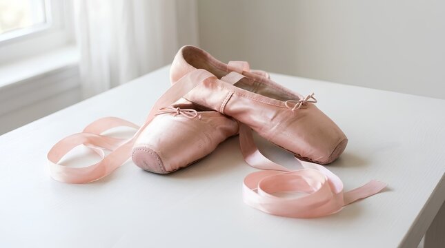 Pair of pink satin pointe ballet shoes with long flowing ribbons resting on a clean white surface, bathed in soft diffused natural light from a nearby window, elegant feminine dance studio aesthetic