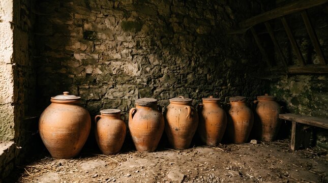 Row of traditional terracotta clay storage jars with lids lined up against a rough rustic stone wall inside a dimly lit old cellar with wooden beams, warm earthy atmosphere