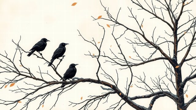 Three black birds on bare tree branches