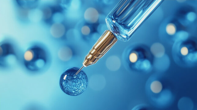 Microinjection of cell under microscope close up biotechnology genetic engineering and medicine concept