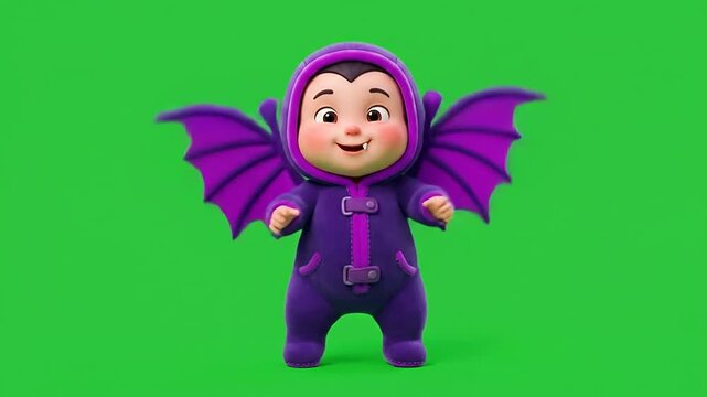 Cute toddlers in purple bat costumes dancing on green screen