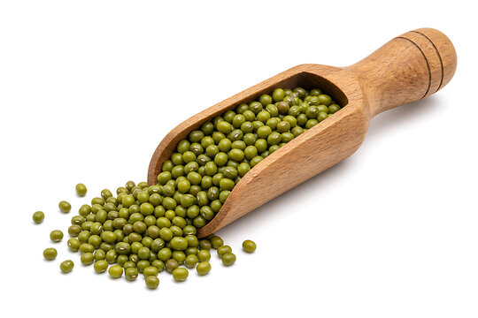 Studio photo of raw organic moong dal beans served in a small rustic wooden scoop isolated on a clean white background for culinary usage