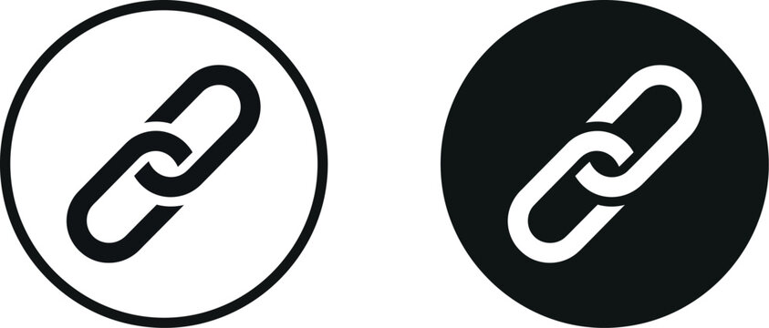 Minimalist hyperlink chain icons, black and white circular link symbols, web connection vector elements for UI design