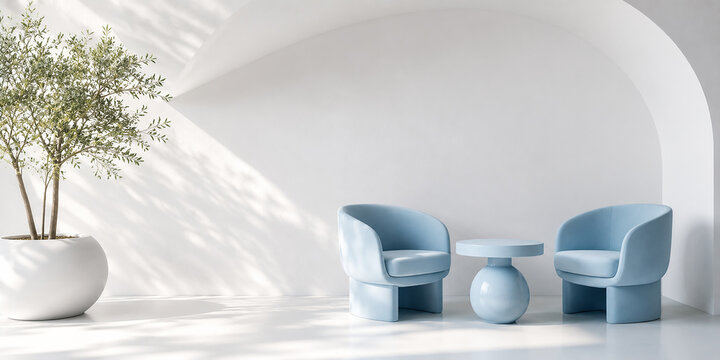 Minimalist Interior Design Featuring Light Blue Armchairs and Modern Round Table
