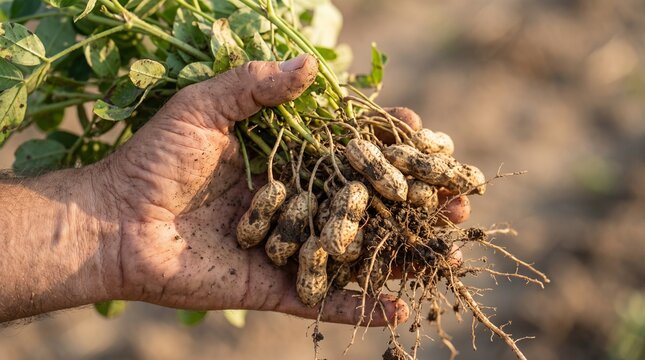 Farmer hands holding raw peanut plant, muddy pods attached to green roots and dirt, displaying fresh crop harvest, at agricultural farm field, agricultural photography