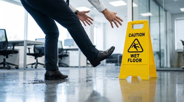 Businessman in formal suit, with yellow caution wet floor sign nearby, slipping and losing balance, in modern corporate office interior, workplace safety photography