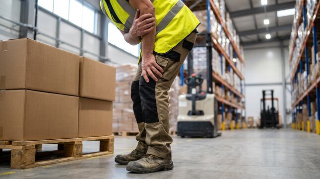 Warehouse worker in high visibility vest, with hands holding painful injured knee, bending over near cardboard box pallets, inside logistics distribution center, occupational health photography