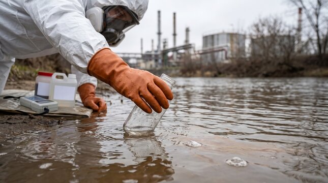 Environmental scientist in hazmat suit, with rubber gloved hand holding glass jar, crouching near polluted river bank, near industrial factory background, environmental science photography