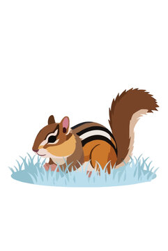 Adorable cartoon chipmunk sheltering in frost covered winter grass, cute striped woodland rodent vector icon illustration with fluffy tail and icy blue lawn for seasonal nature designs