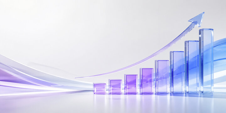 3D Glass Bar Chart Showing Financial Growth and Upward Arrow Trend